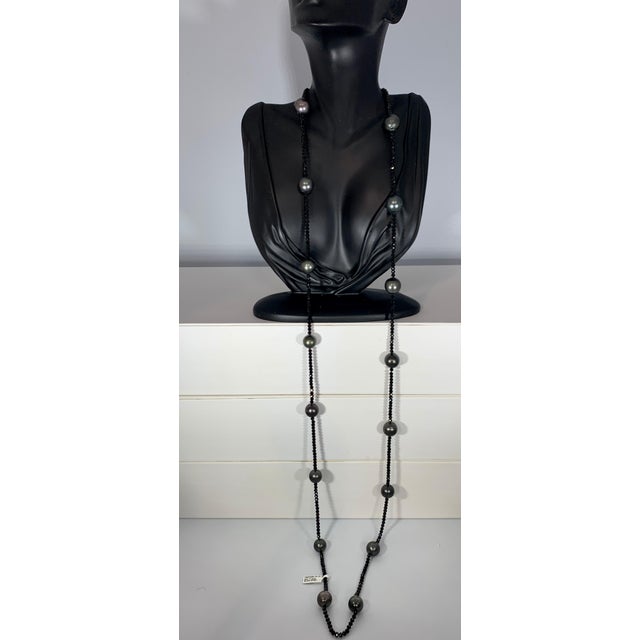 Black Tahitian Pearl Single Strand Necklace with Black Spinel, Opera Length 46 For Sale - Image 17 of 18