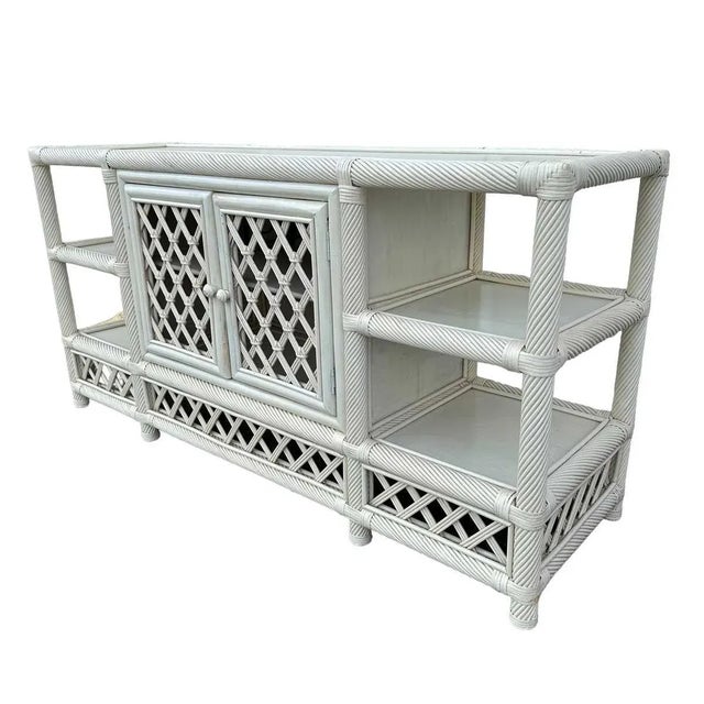 1980s Vintage White Woven Lattice Rattan Sideboard Tv Cabinet For Sale - Image 4 of 9