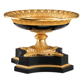 24k Gold-Plated Bronze & Black Enamel Acanthus Centerpiece Bowl For Sale
