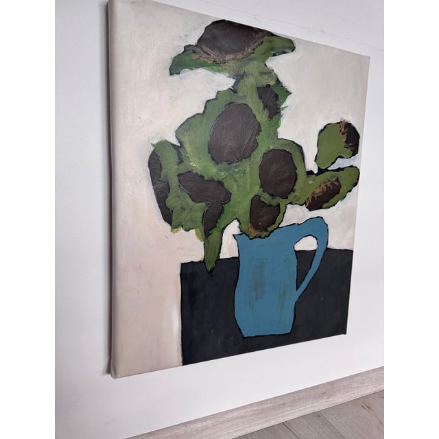 Contemporary Original Abstract Still Life Acrylic Painting on Canvas, Minimalist Sunflowers in Blue Vase Wall Art, Modern Floral Fine Art For Sale - Image 3 of 5