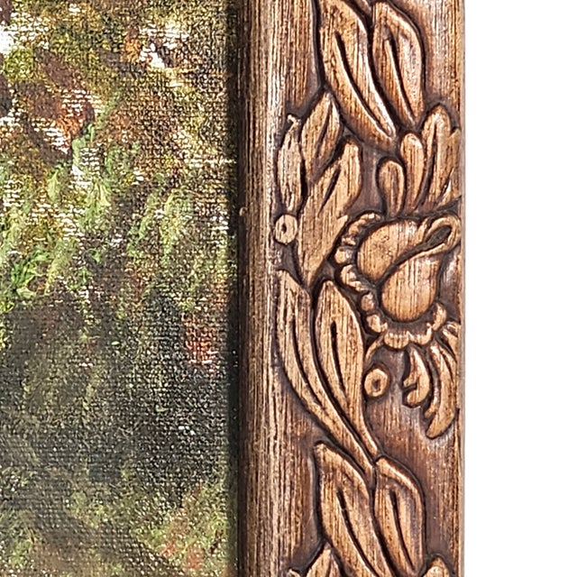 Wood Vintage Framed Landscape Oil Painting With Carved Wood Frame, Mountain Lake Scene, 23.5" For Sale - Image 7 of 9