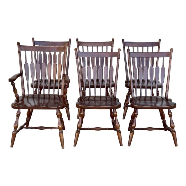Vintage Harden Solid Wood Dining Chairs Set of 6 Spindle Back Turned Legs For Sale