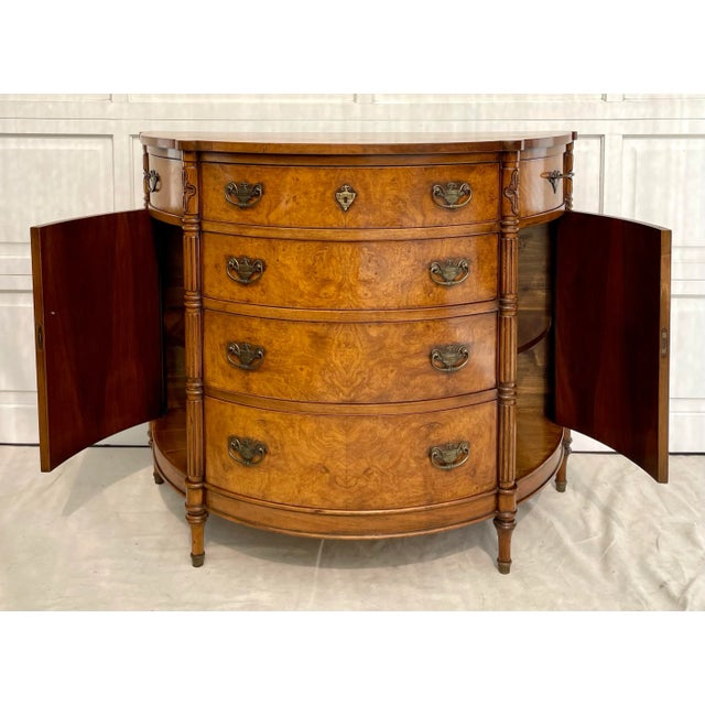 Traditional Burl Sunburst Inlay Wood Demi-Lune Chest of Drawers Commode For Sale - Image 4 of 12