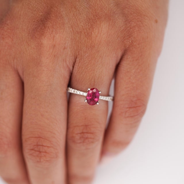 Gia 1.25 Carat Burma Ruby & Pave Diamond 18k White Gold Ring, Size 7 For Sale - Image 4 of 12