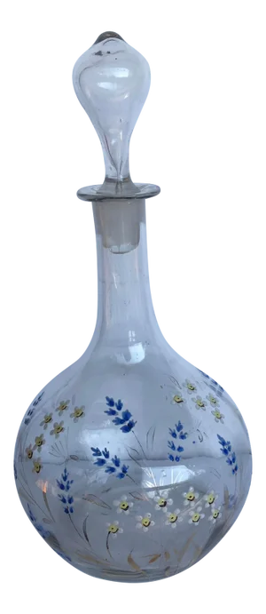 1914 Steuben Glass, Handblown & Tall Hand-Painted Floral Blue Cornflower Decanter With Stopper