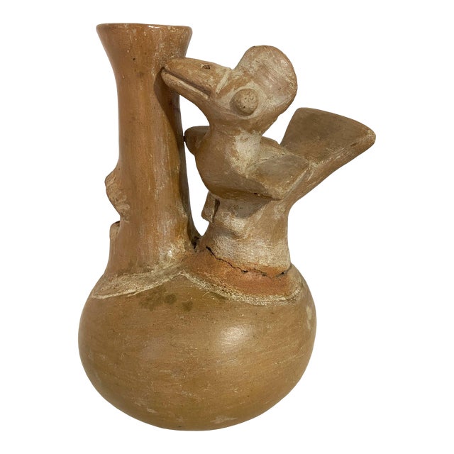 Pre Columbian Style Artifact Relic Bird Vessel Whistling Jar Sculpture 6" H For Sale