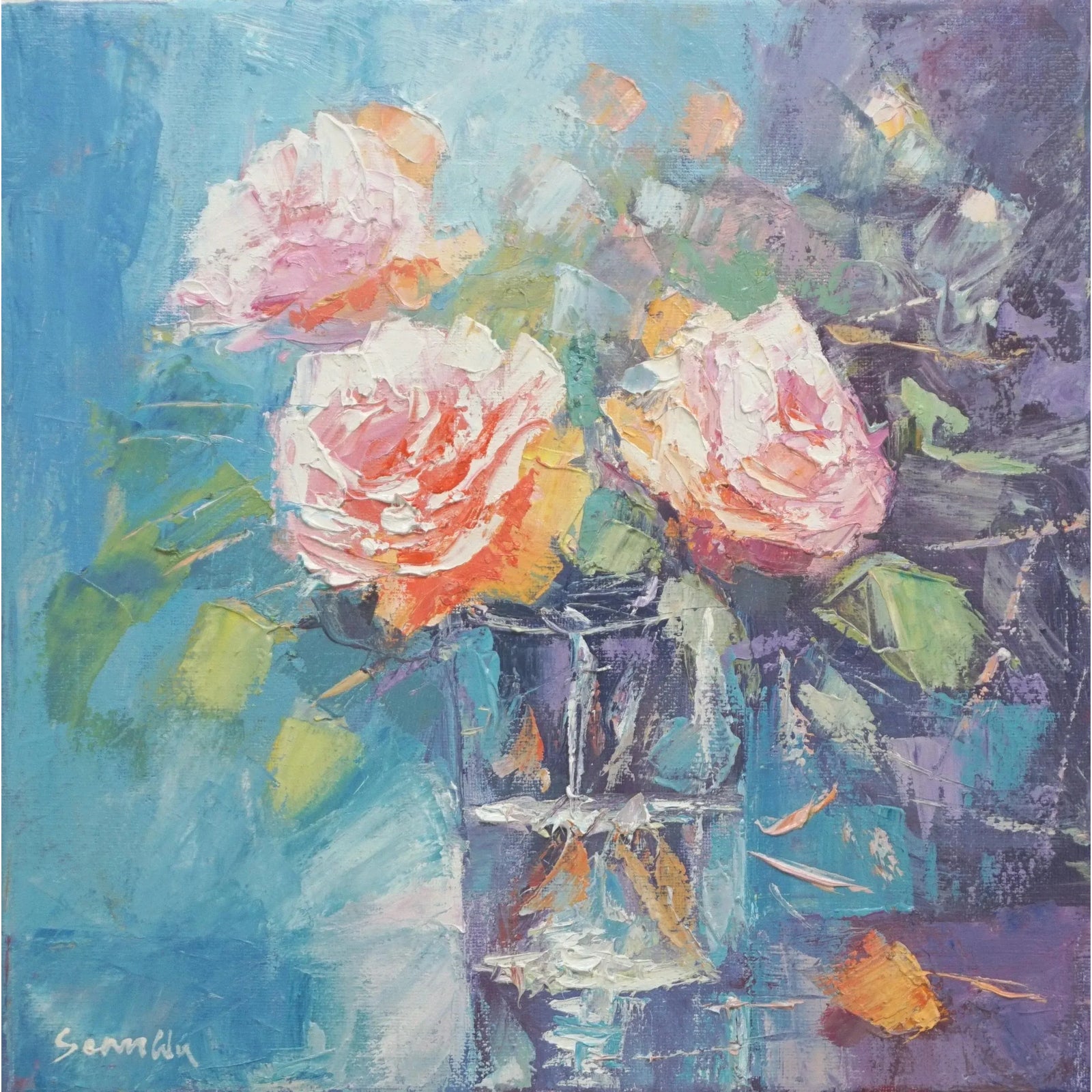 Original Impressionist Oil Painting, Rose in the Glass | Chairish