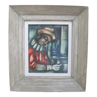 Charles Sebree Framed Gouache or Tempera Painting on Masonite of Clown Portrait For Sale