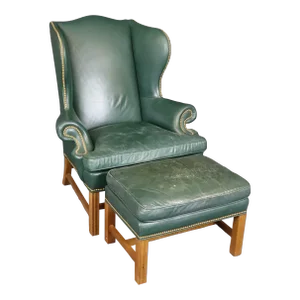 Great Quality Century Green Leather Wingback Chair and Ottoman