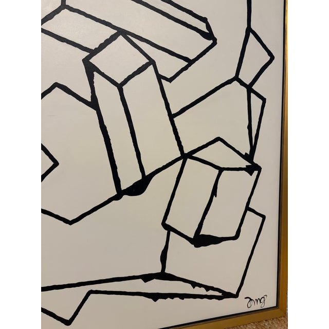 Abstract black and white modern art piece set in a beautiful gold frame, the painting is by DMG Studio.