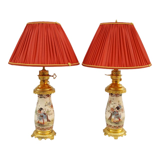 Satsuma Earthenware Geisha Vase Lamps, 1880s, Set of 2 For Sale