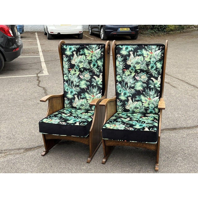 Oak Armchairs in Bright Jungle Print, 1930s, Set of 2 For Sale - Image 4 of 18