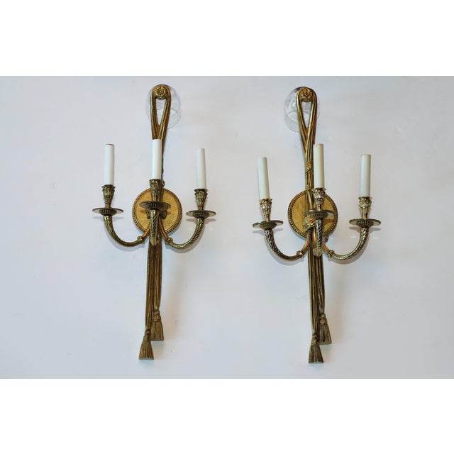 French Late 20th Century Brass 3 Arm Sconces From Waldorf Astoria Hotel New York City - a Pair For Sale - Image 3 of 9