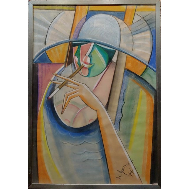 Hugo Scheiber 1930s Cubist Painting Portrait Of A Stylish Woman