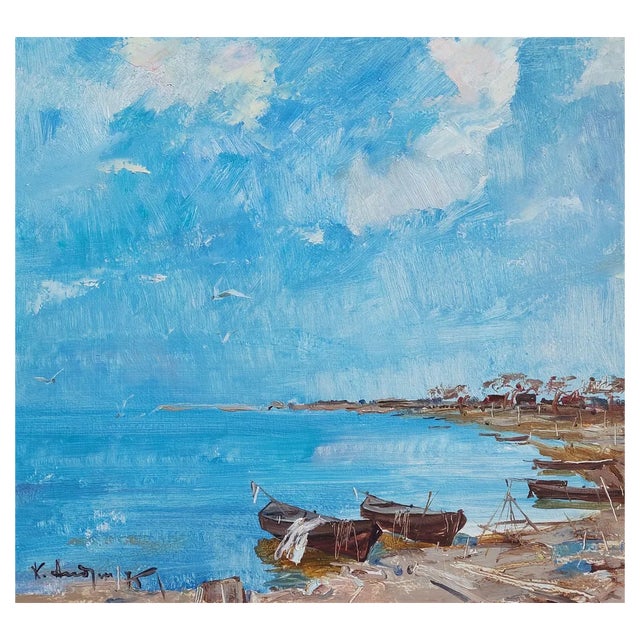 Andrejevs Konstantins, Boats at the Coast, 1975, Oil on Cardboard For Sale