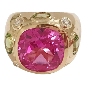 Christina Addison Bonheur Ring, Pink Topaz and Peridot and Diamond Yellow Gold Domed Ring