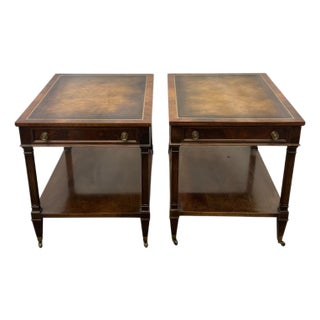 Vintage Heritage Traditional Federal Style Flame Mahogany Leather Top Side Tables - Pair For Sale