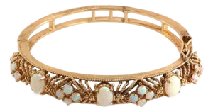 Fire Opal 14k Yellow Gold Fancy Textured Floral Bangle Bracelet
