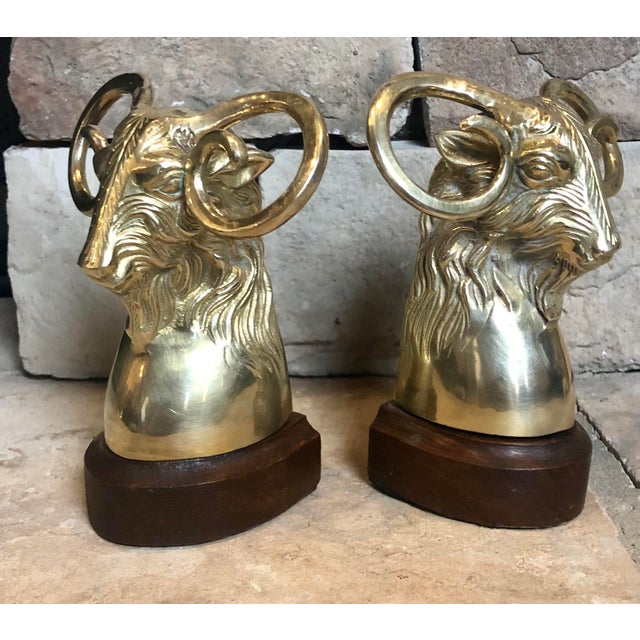 Ram Book Ends Brass Wood Base Goat Bookends Vintage a Pair Chairish