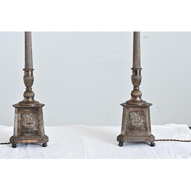 Early 19th Century 19th Century French Silverplate Altar Candlestick Lamps - a Pair For Sale - Image 5 of 12