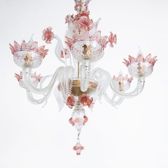 Venetian 6-Light Chandelier in White and Pink Murano Glass, 1960s For Sale - Image 3 of 9