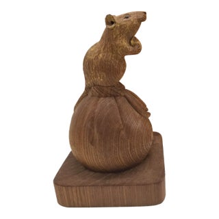 Vintage Japanese Wooden Carving of a Mouse Holding a Chestnut – Folk Art Figurine For Sale