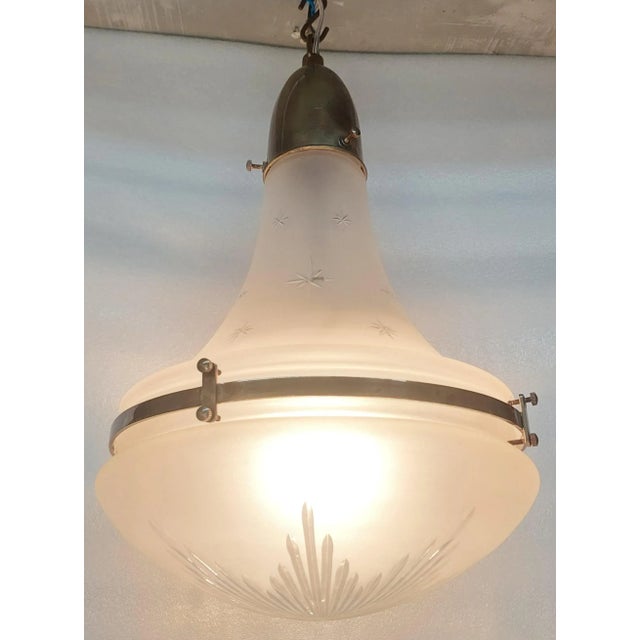Vintage Art Deco Fixture Old Ceiling Light Pendant Brass Hanging Light Frosted Star Glass Shade Lamp Excellent Working...