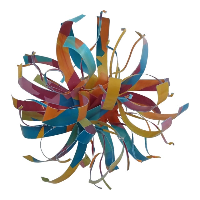 1980s Dorothy Gillespie Signed Polychrome Metal Ribbon Sculpture on Lucite Base For Sale