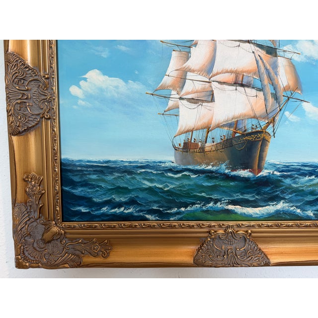 Nautical Sailing Ship Oil Painting Seascape Nautical Wall Art Framed Ocean Artwork For Sale - Image 3 of 9