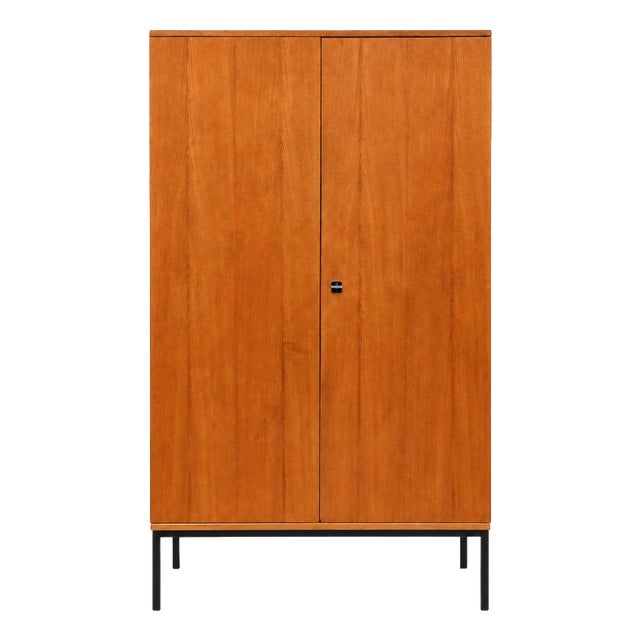 Vintage Two-Door Wardrobe Wooden Wardrobe with Hanging and Shelving Sections For Sale