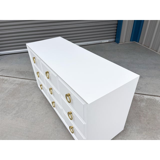 1960s Mid-Century White and Brass Nine-Drawer Dresser by t.h. Robsjohn-Gibbings for Widdicomb For Sale - Image 10 of 11