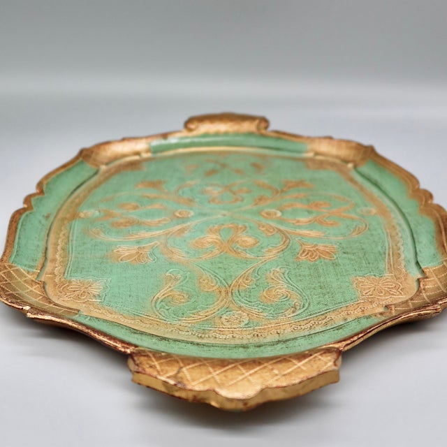 Mid 20th Century Vintage Florentine Gilt Tray — Green & Gold Scalloped Scroll Design, Made in Italy For Sale - Image 5 of 7