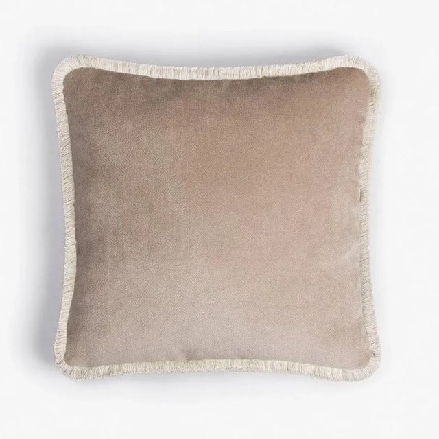 Happy Pillow Soft Velvet Cushion with Fringe Beige-White by Lorenza Briola for Lo Decor For Sale - Image 4 of 4