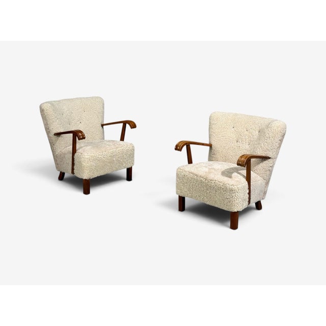 Mid-Century Modern Danish Cabinetmaker, Lounge Chairs, Shearling, Beech, 1940s For Sale - Image 3 of 12