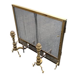 Mid 20th century Hollywood Regency Brass Fireplace Andirons With Flex Screen For Sale
