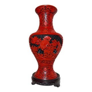 Tall Vintage Handmade Chinese Carved Black Red Lacquer Cinnabar Floral Vase Urn For Sale
