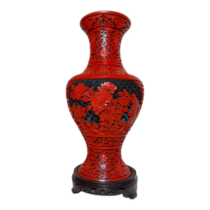 Tall Vintage Handmade Chinese Carved Black Red Lacquer Cinnabar Floral Vase Urn
