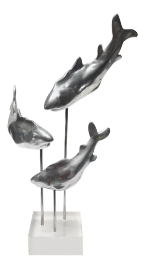 Aluminum and Lucite Trio of Sharks Sculpture