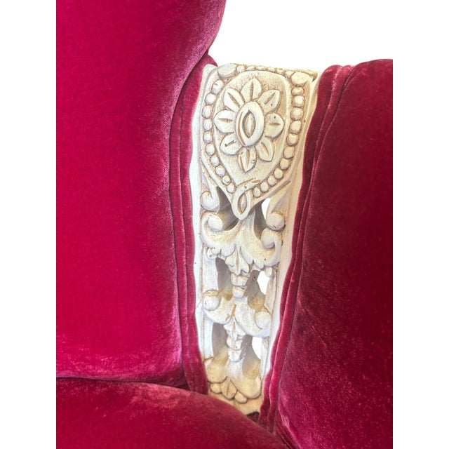 Mid 20th Century Vintage Louis XV Style Wingback Bergère Chair in Ruby Velvet With Carved Distressed Frame For Sale - Image 5 of 10