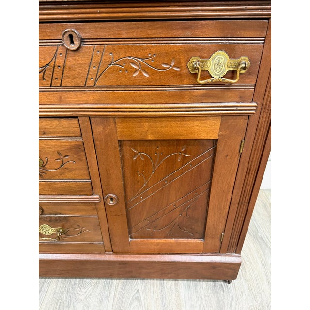 Antique Victorian Eastlake Style Walnut and Marble Top Cabinet Commode Washstand For Sale - Image 11 of 15