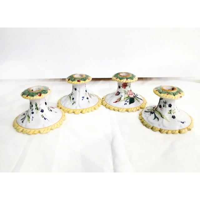 Yellow Vintage Italian Hand Painted Floral Short Candle Stick Holders Set of 4 For Sale - Image 8 of 8