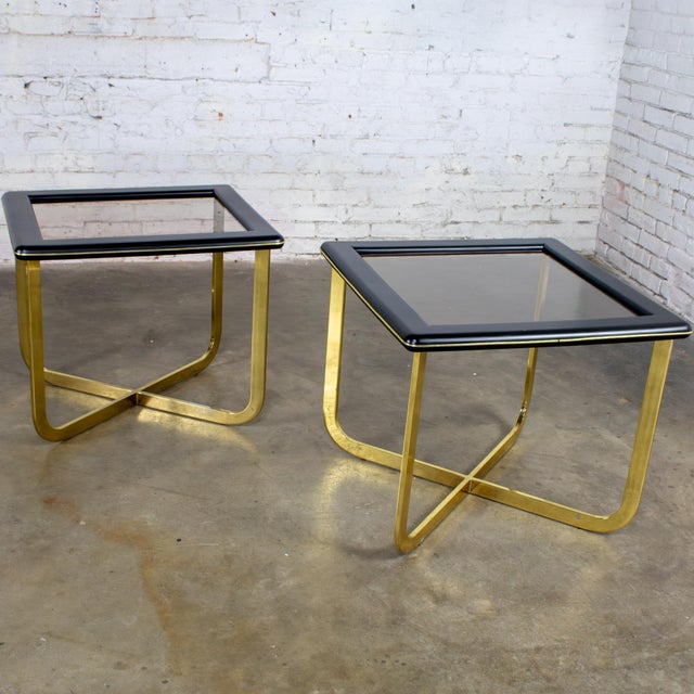 Late 20th Century Modern End or Side Tables 1 Rectangle & 1 Square W/Glass Inset Tops & Brass Plate Bases For Sale - Image 12 of 18