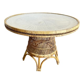 Boho Chic Buri Rattan Circular Inlaid Glass Top Dining Table For Sale