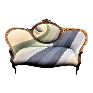 Mid 19th Century Walnut and Burlwood Parlor Medallion Sofa Reupholstered in 'New Wave' Design