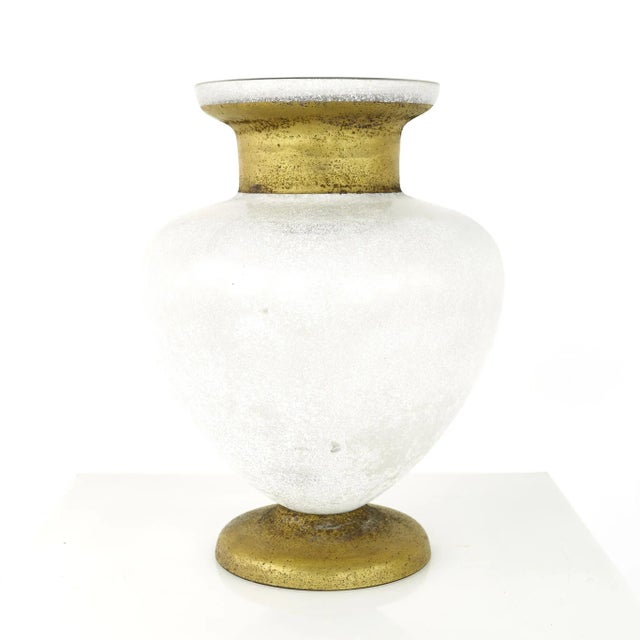 Mid Century Frosted Art Glass with Gold Vase This vase measures: 12 wide x 12 deep x 14 inches high and is in Excellent...