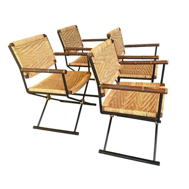 Cleo Baldon Set/4 French Jute Raffia Woven Directors Chairs For Sale - Image 4 of 12