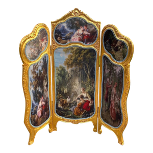 Late 20thC French Louis XVI Gilt Beech Scenic Room Divider Screen – 3 Panels