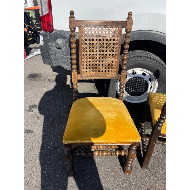 Copper Set of Five Antique Barley Twist Cane-Back Chairs With Golden Yellow Velvet Custom Upholstered Seats For Sale - Image 8 of 9