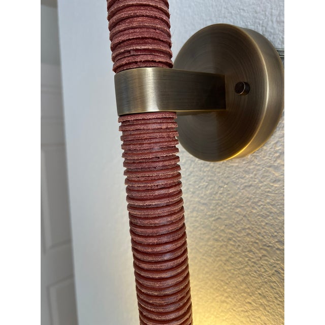 One of a Kind Artisan Wall Sconce Aged Brass Brown Stacked Leather Disks For Sale - Image 4 of 13