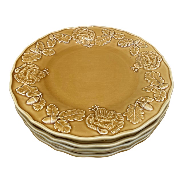 Bordallo Pinheiro Yellow Acorn and Turkey Majolica Dinner Plates- Set of 5 For Sale